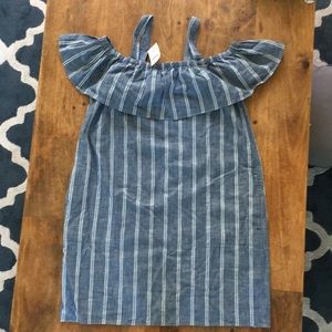 J Crew STRIPED CHAMBRAY RUFFLE-NECK DRESS